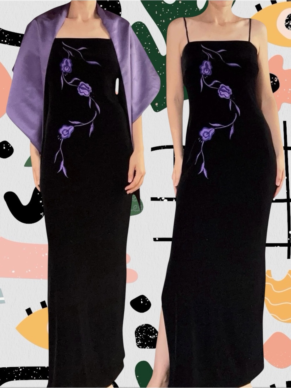 Arianna | Vintage Y2K Black Velvet Purple Floral Embroidered Maxi Dress + Wrap